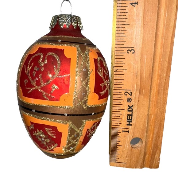 Vtg Glass Hand Painted Egg Shaped Christmas Ornament Red Gold Glitter‎ Abstract - Picture 7 of 7